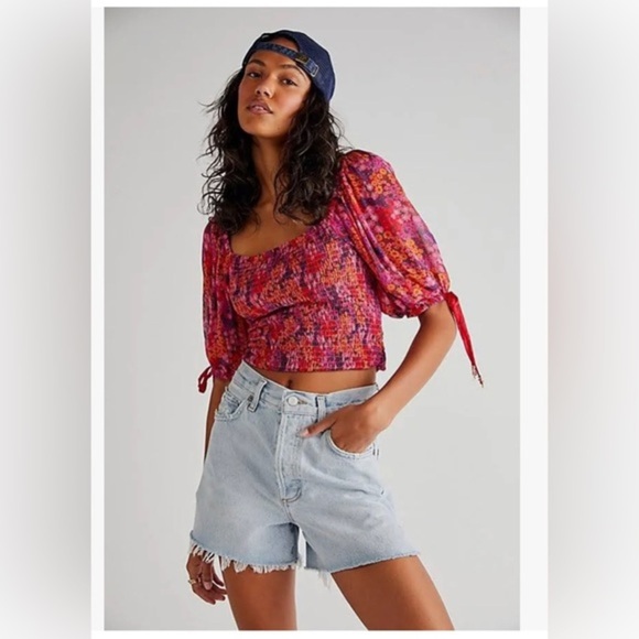 Free People Back on top Crop‎ smocked mesh floral back tie top size XS new - Picture 2 of 8
